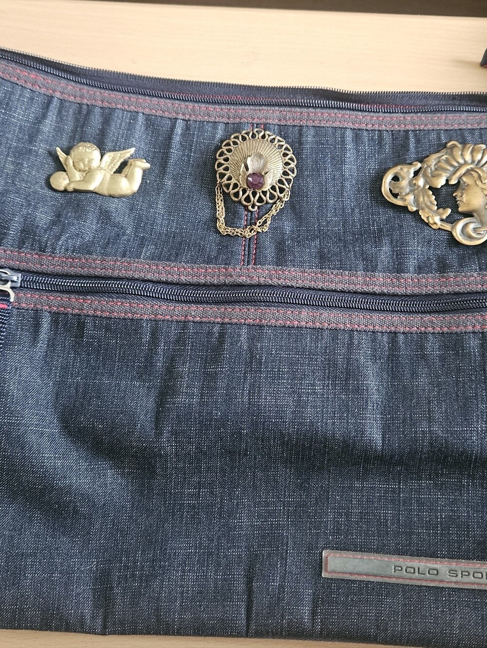 Polo Ralph Lauren Denim Shoulder Messenger Bag Red Trim Three Gorgeous Brooches